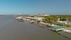 Panoramic view of ocean and boat docks