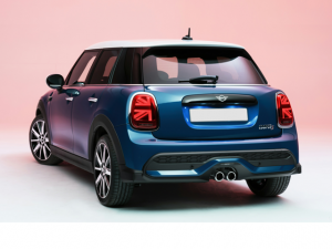 Rear left angle view of blue hardtop MINI Cooper