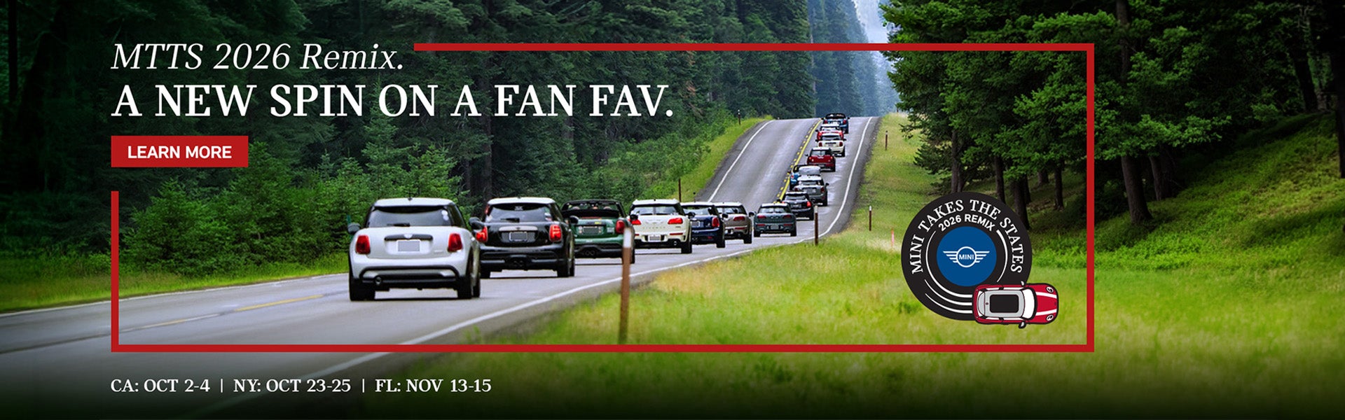 Banner for MINI Takes the States 2026 Remix showing MINI vehicles on a scenic drive and listing event dates in California, 