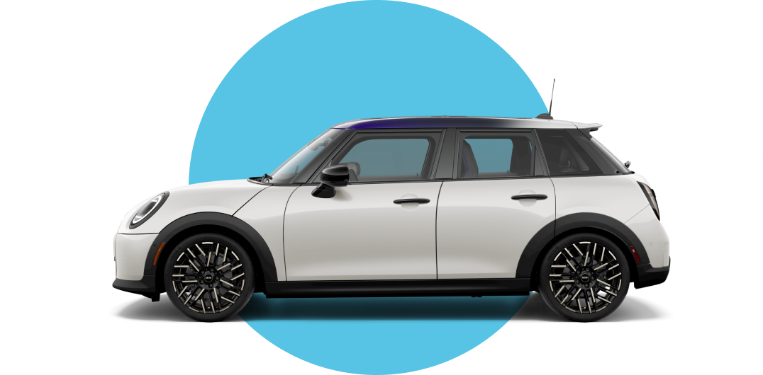 Side view of a MINI Cooper 4 Door in the Nanuq White Metallic body color, facing left with its shadow underneath it.