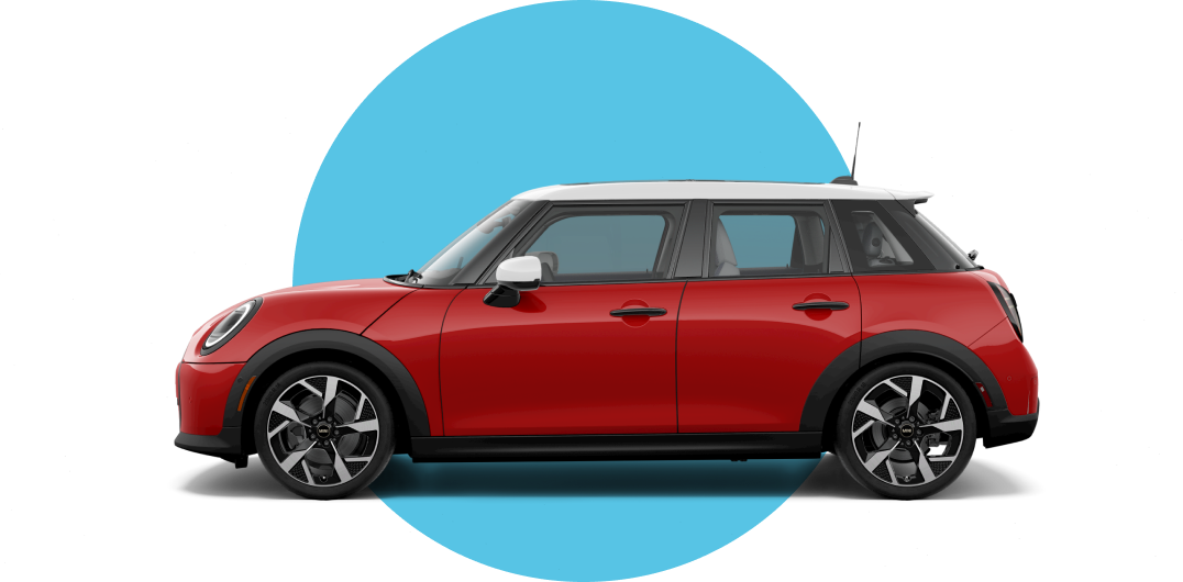 Side view of a MINI Cooper 4 Door in the Chili Red II body color, facing left with its shadow underneath it.