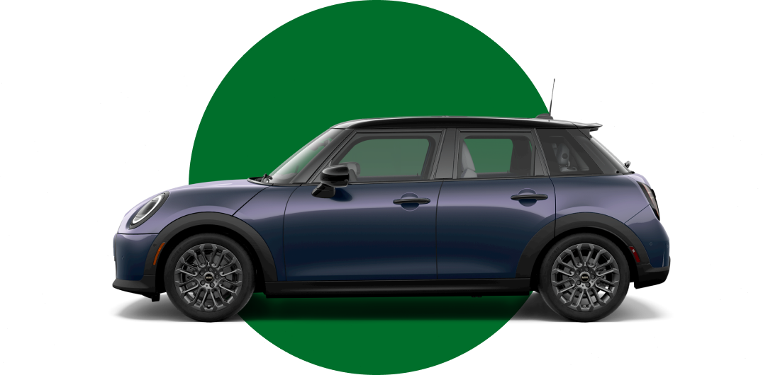 MINI Cooper 4 Door in the Indigo Sunset Blue body color, facing left with its shadow underneath it.