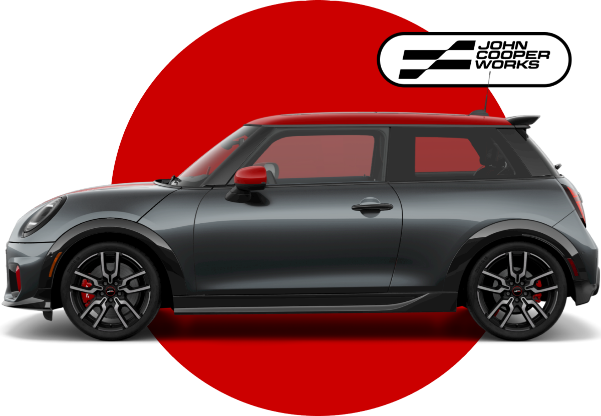 Side view of MINI John Cooper Works 2 Door in front of red circle against a black background with John Cooper Works logo on top.
