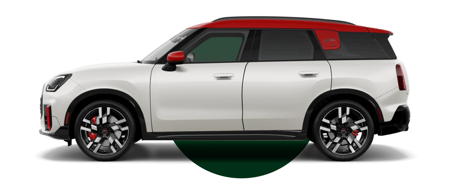 Side view of a MINI JCW Countryman ALL4 in the Nanuq White body color, facing left with its shadow underneath it.