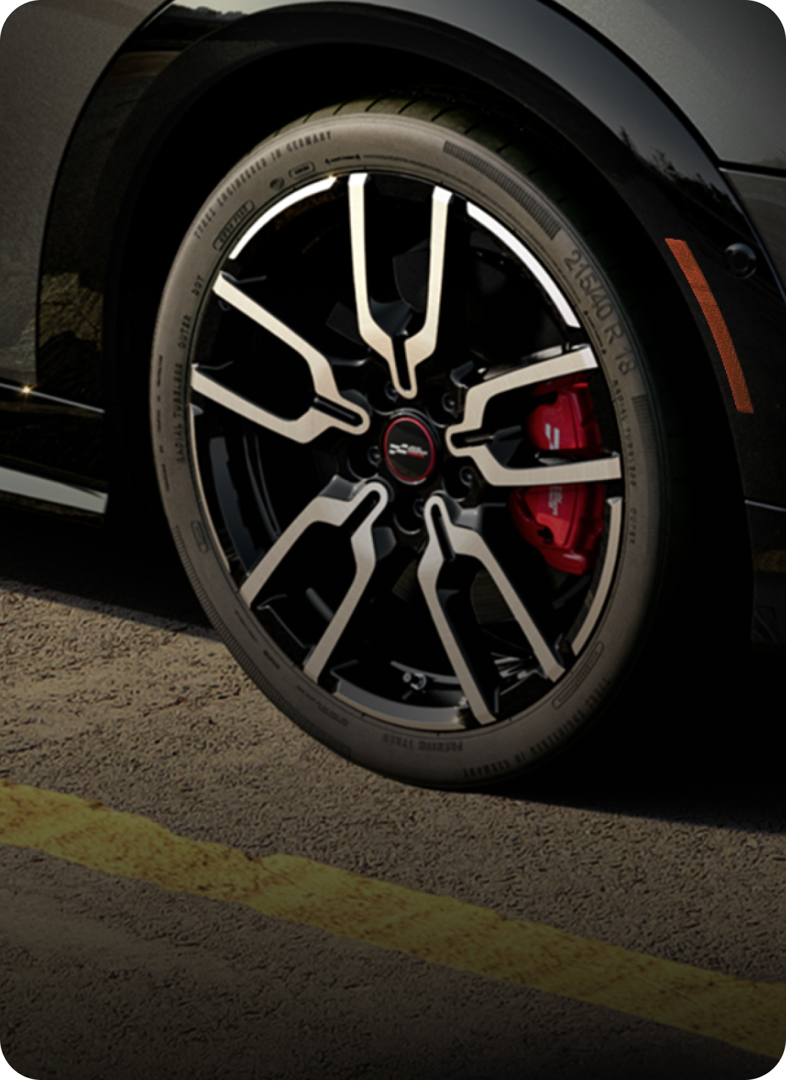Close-up of the wheel on a MINI JCW Convertible.
