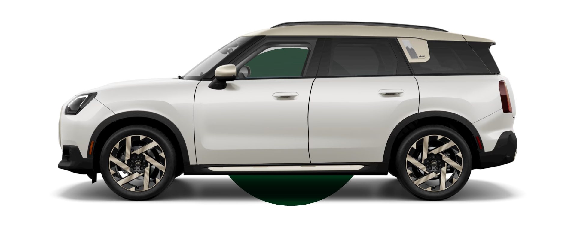 Side view of a MINI Countryman S ALL4 in the Nanuq White body color, facing left with its shadow underneath it.