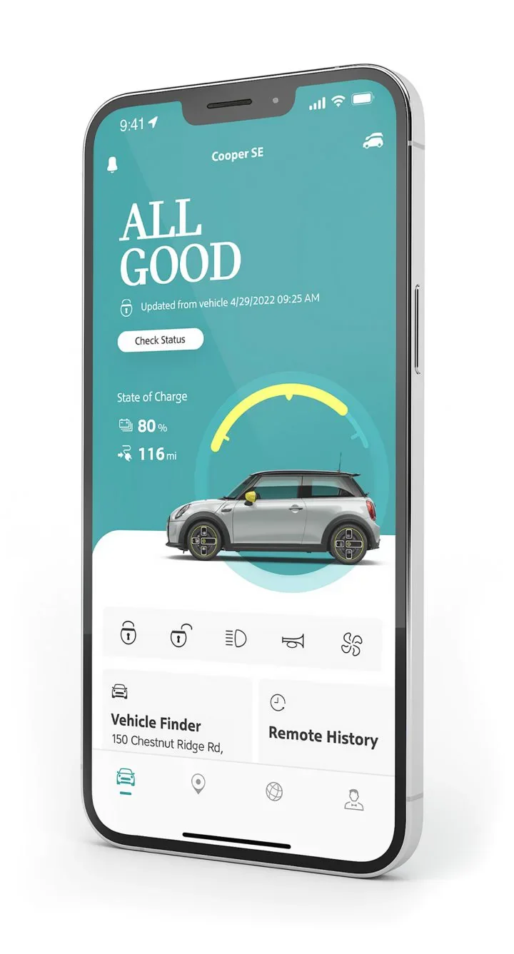 Smartphone with MINI App vehicle status information on its screen. | Tom Bush MINI in Jacksonville FL